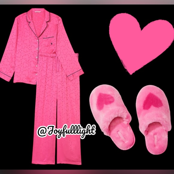 NEW XL (TALL) VICTORIA'S SECRET Hearts Hollywood Pink Satin Pajama and slipper - Picture 2 of 10